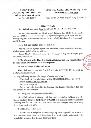 Thông báo số 614/TB-ĐHKT ngày 29/9/2021 về việc kích hoạt và sử dụng thư điện tử đối với sinh viên khoá 2021
