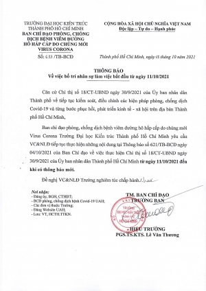 Thông báo số 633/TB-BCĐ ngày 08/10/2021 của Trường Đại học Kiến trúc Thành phố Hồ Chí Minh về việc bố trí nhân sự làm việc bắt đầu từ ngày 11/10/2021