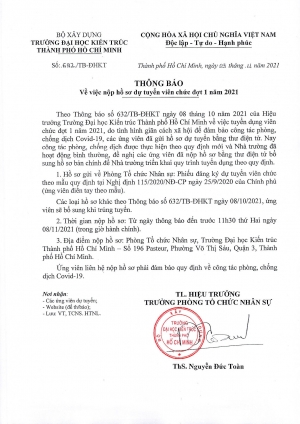 Thông báo số 692/TB-ĐHKT ngày 03/11/2021 về việc nộp hồ sơ dự tuyển viên chức đợt 1 năm 2021