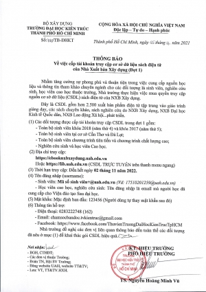 Thông báo số 700/TB-ĐHKT ngày 05/11/2021 về việc cấp tài khoản truy cập cơ sở dữ liệu sách điện tử của Nhà Xuất bản Xây dựng (Đợt 1)