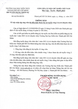 Thông báo số 759/TB-HĐTD ngày 24/11/2021 về việc triệu tập ứng viên đủ điều kiện tham dự xét tuyển vòng 2 (vị trí chuyên viên)