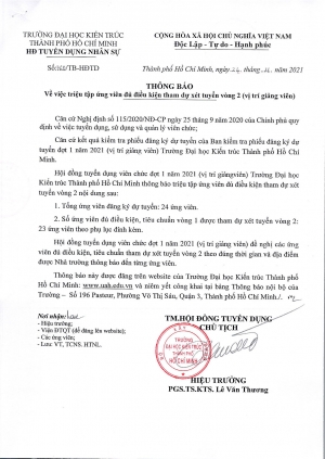Thông báo số 760/TB-HĐTD ngày 24/11/2021 về việc triệu tập ứng viên đủ điều kiện tham dự xét tuyển vòng 2 (vị trí giảng viên)
