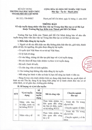 Thông báo số 850/TB-ĐHKT ngày 30/9/2022 về việc tuyển dụng nhân viên làm việc tại Trung tâm Đào tạo cơ sở Đà Lạt