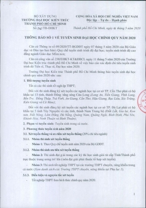THÔNG BÁO TUYỂN SINH ĐẠI HỌC CHÍNH QUY NĂM 2020