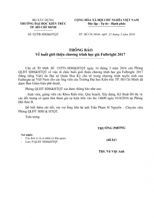 Thông báo về buổi giới thiệu chương trình học giả Fulbright 2017