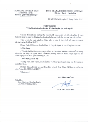 Thông báo về buổi nói chuyện của chuyên gia nước ngoài