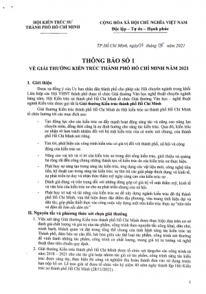 THÔNG BÁO VỀ GIẢI THƯỞNG KIẾN TRÚC TP.HCM NĂM 2021