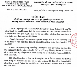 Thông báo về việc đề cử thành viên tham gia Hội đồng Giáo sư cơ sở Trường Đại học Kiến trúc TP.HCM năm 2020