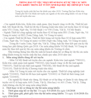 THÔNG BÁO VỀ VIỆC NHẬN HỒ SƠ ĐĂNG KÝ DỰ THI CÁC MÔN NĂNG KHIẾU TRONG KỲ TUYỂN SINH ĐẠI HỌC HỆ CHÍNH QUY NĂM 2018