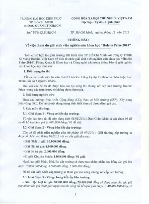 Thông báo về việc sinh viên tham dự giải nghiên cứu khoa học