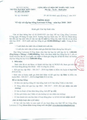 Thông báo việc xét cấp học bổng Lawrence S.Ting 2018-2019