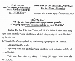 Mời tham gia chào hàng cạnh tranh gói thầu cung cấp dịch vụ vệ sinh công nghiệp tại cơ sở Thủ Đức