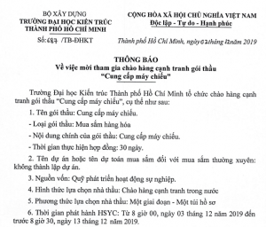 Mời tham gia chào hàng cạnh tranh gói thầu “Cung cấp máy chiếu”