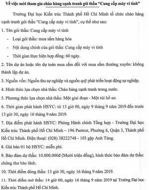 Mời tham gia chào hàng cạnh tranh gói thầu “Cung cấp máy vi tính”