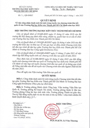 Danh sách thí sinh trúng tuyển và hướng dẫn nhập học các chương trình liên kết đào tạo quốc tế của Trường Đại học Kiến trúc Thành phố Hồ Chí Minh (Năm học 2022 – 2023)