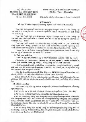 Kế hoạch số 862/KH-ĐHKT về việc tổ chức nhập học các lớp hệ vừa làm vừa học Khóa 2022
