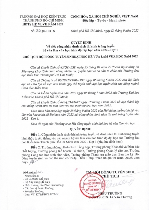 Quyết định số 838/QĐ-ĐHKT về việc công nhận danh sách thí sinh trúng tuyển hệ vừa làm vừa học trình độ Đại học năm 2022 - Đợt 1