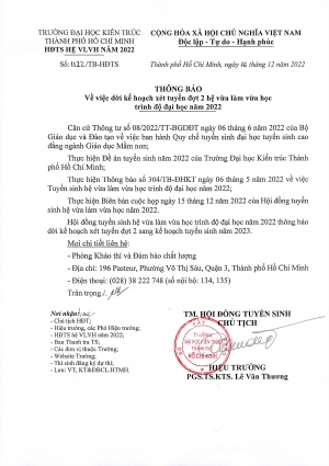 Thông báo số 1122/TB-HĐTS về việc dời kế hoạch xét tuyển đợt 2 hệ vừa làm vừa học trình độ đại học năm 2022