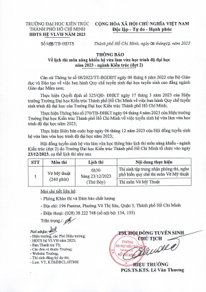 Thông báo số 1199/TB-HĐTS của Hội đồng tuyển sinh - Trường Đại học Kiến trúc Thành phố Hồ Chí Minh về lịch thi môn năng khiếu hệ vừa làm vừa học trình độ đại học năm 2023 - ngành Kiến trúc (đợt 2)