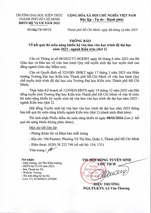 Thông báo số 1284/TB-HĐTS ngày 29/12/2023 về kết quả thi môn năng khiếu hệ vừa làm vừa học trình độ đại học năm 2023 - ngành Kiến trúc (đợt 2)