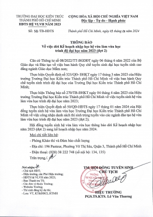 Thông báo số 58/TB-HĐTS về việc dời Kế hoạch nhập học hệ vừa làm vừa học trình độ đại học năm 2023 (đợt 2)