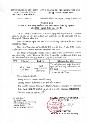 Thông báo số 737/TB-HĐTS về lịch thi môn năng khiếu hệ vừa làm vừa học trình độ Đại học năm 2022 - ngành Kiến trúc (đợt 1)