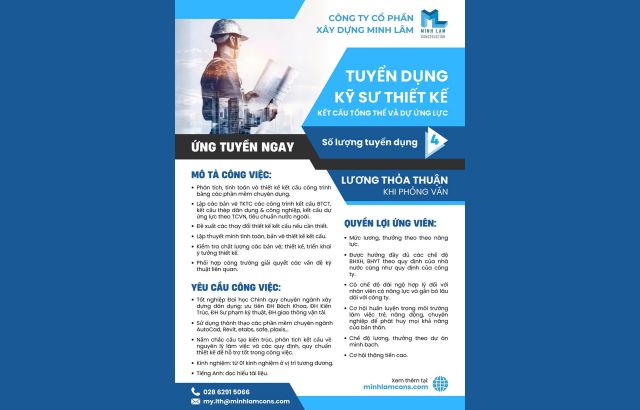 Tuyển dụng Kỹ sư thiết kế Kết cấu tổng thể và Dự ứng lực | Công ty CP XD Minh Lâm